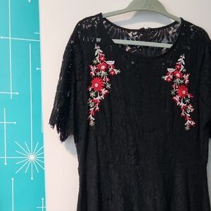 Chic Black Lace Dress with Red Floral Accents